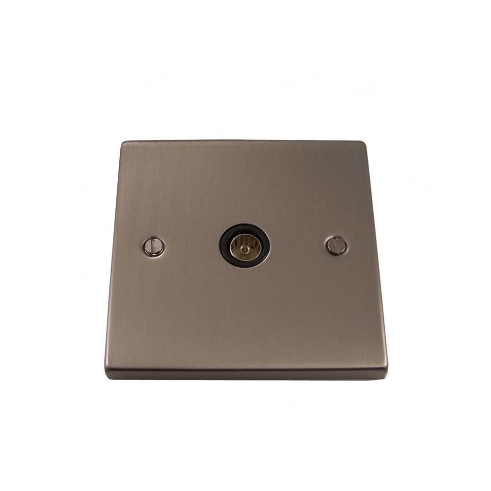 Sleek Satin Chrome Coaxial Socket Outlet, 1 Gang, Black Accent