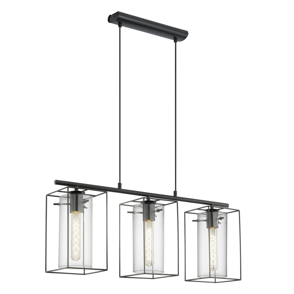 Loncino Triple Island Pendant with Smoked Glass Tubes and Black Steel Frame