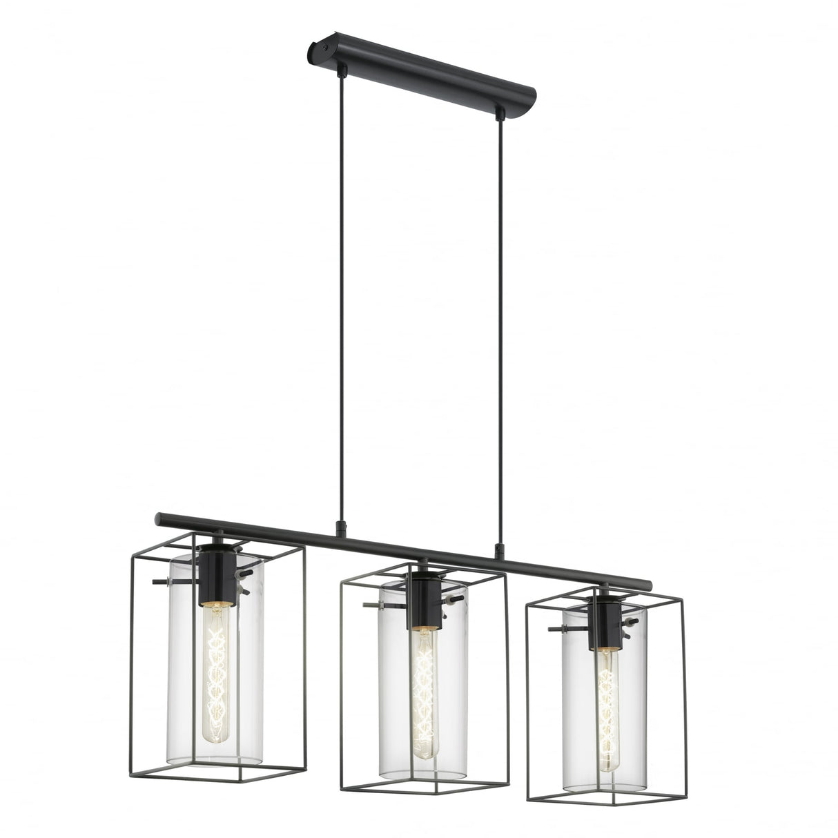 Loncino Triple Island Pendant with Smoked Glass Tubes and Black Steel Frame
