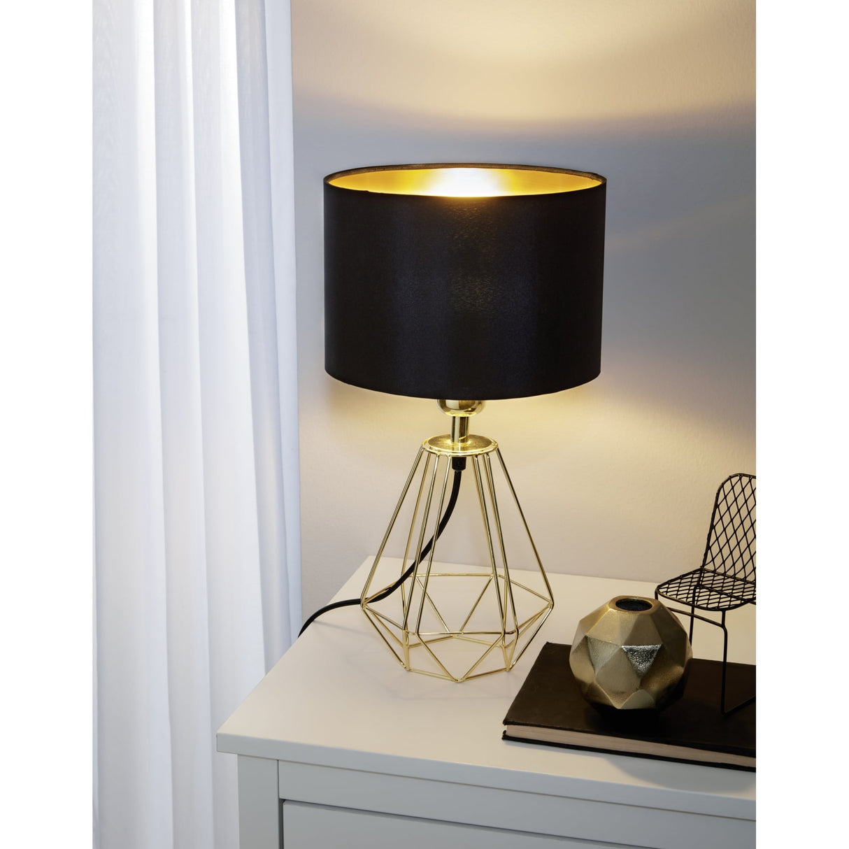 Elegant Brass Wire Table Lamp with Black and Gold Fabric Shade