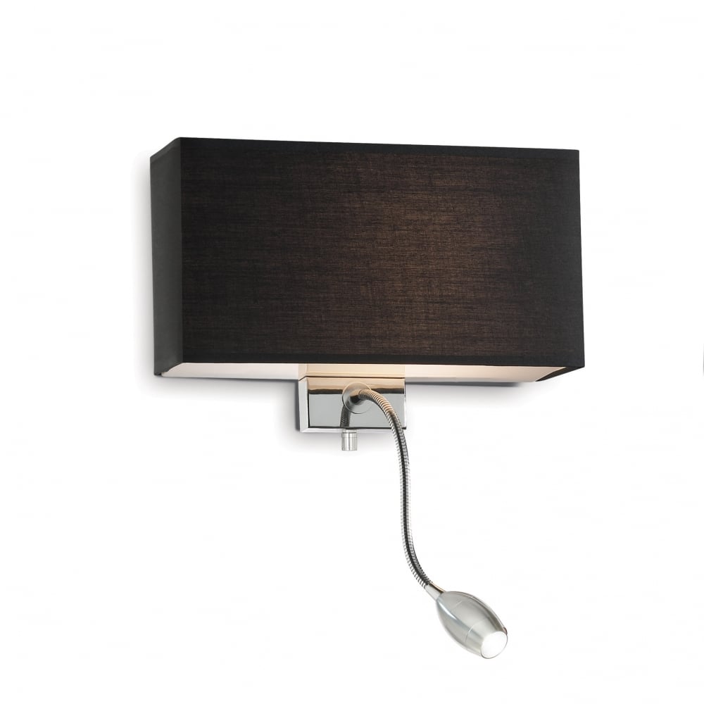 Modern Hotel Twin Wall Light with Black Shade and Chrome LED Reading Lamp