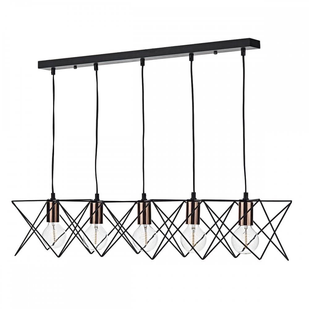 Midi Cage 5 Light Bar Pendant Matt Black Bright & Copper