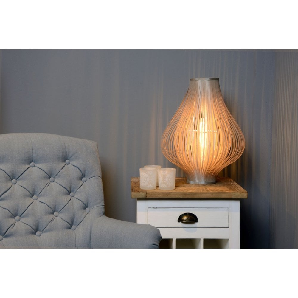 Poli Retro Circular Grey Table Lamp with Cotton Shade
