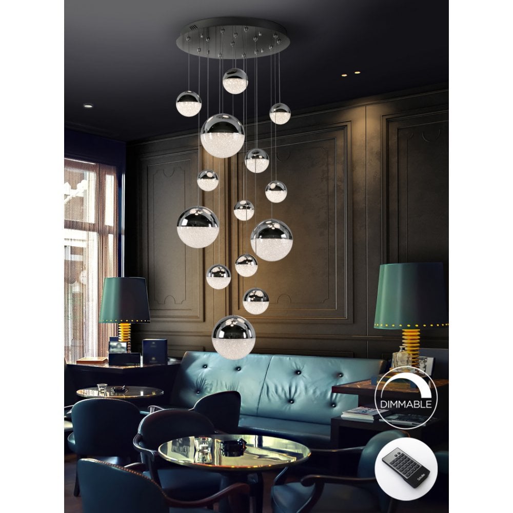 Title: Radiant Sphere Cascade Dimmable LED Light Fixture with Chrome and Copper Accents