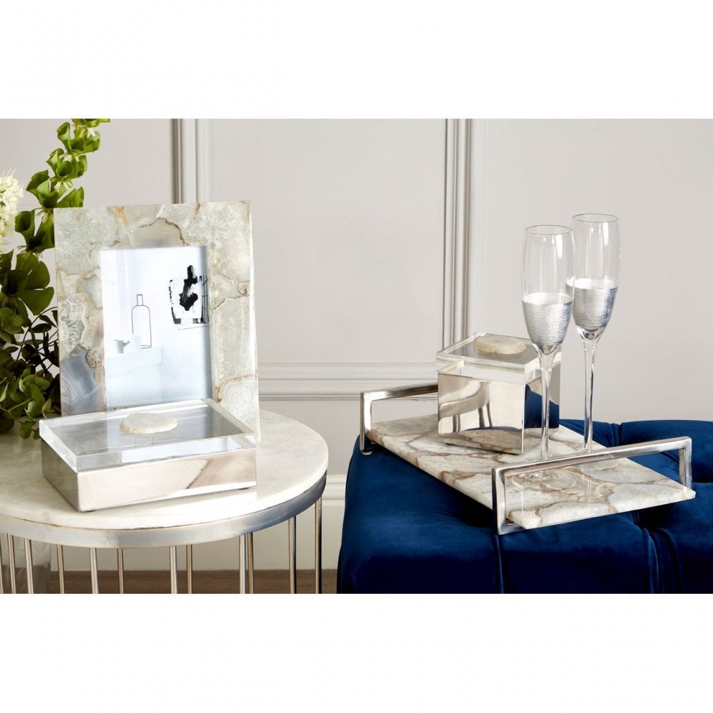 Birdbox White Agate Large Tray, Steel, Stone, White