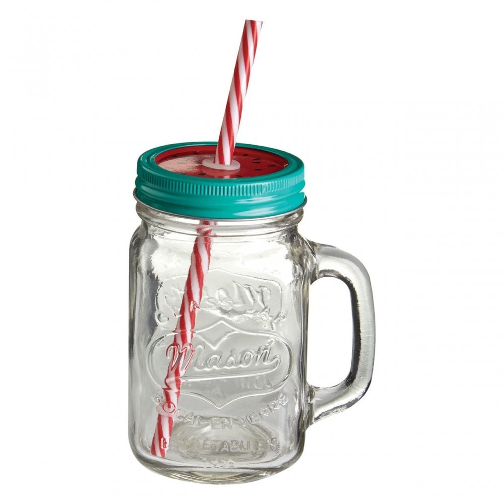 Embossed Mason Jar Mug, Glass, Tin Plated Iron, Clear