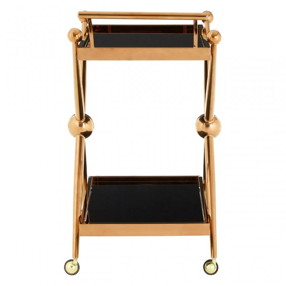 Donal 2 Tier Rose Gold / Cross Design Trolley, Steel, Tempered Glass, Rose Gold