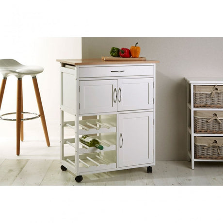 White Wood Kitchen Trolley with Bamboo Top