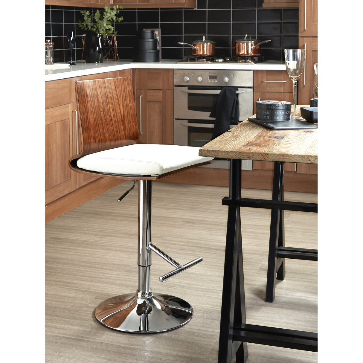 Brown Walnut Wood and Leather Bar Chair Stool