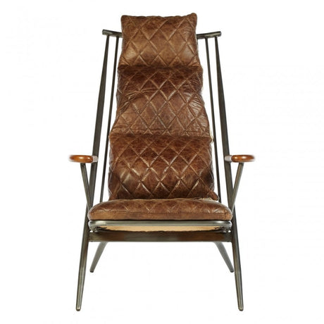 Maryn Genuine Brown Leather Chair, Leather, Iron, Linen, Brown