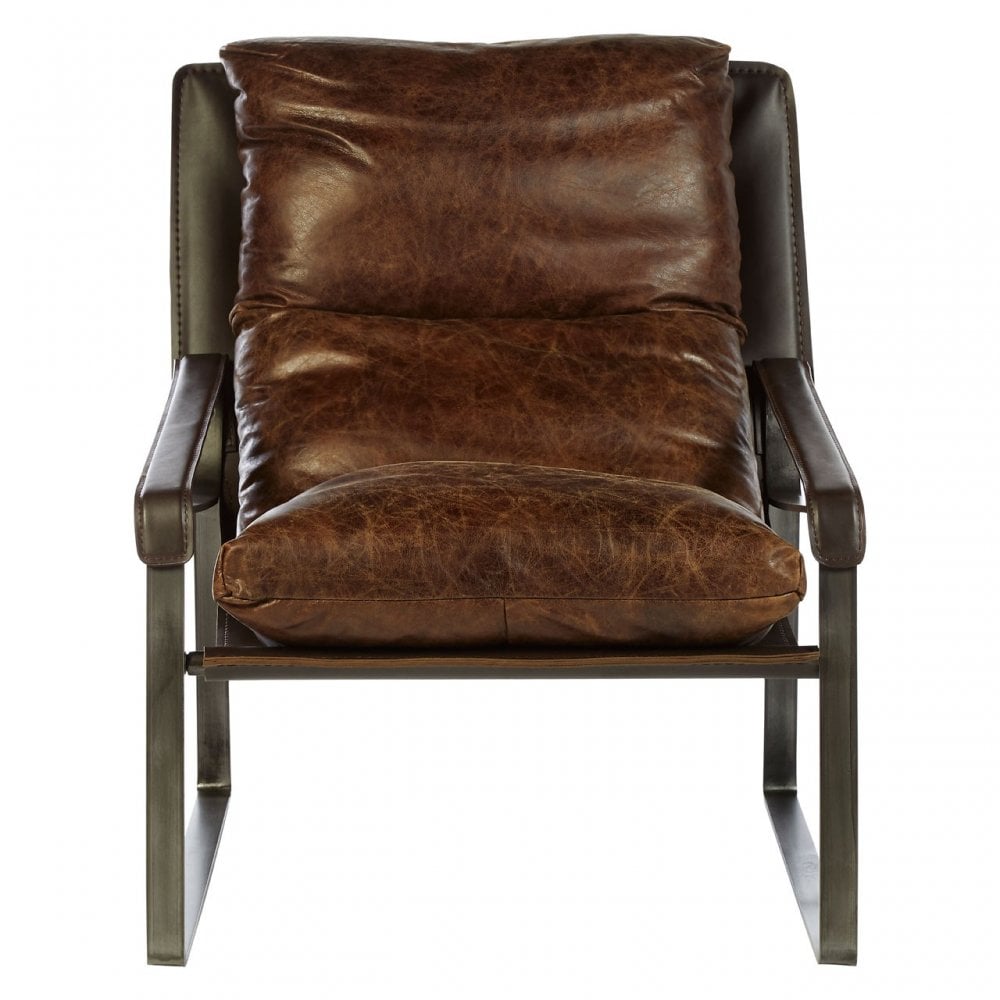 Maryn Genuine Brown Leather Lounge Chair, Genuine Leather, Iron, Brown