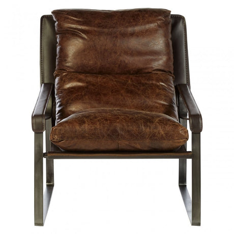 Maryn Genuine Brown Leather Lounge Chair, Genuine Leather, Iron, Brown