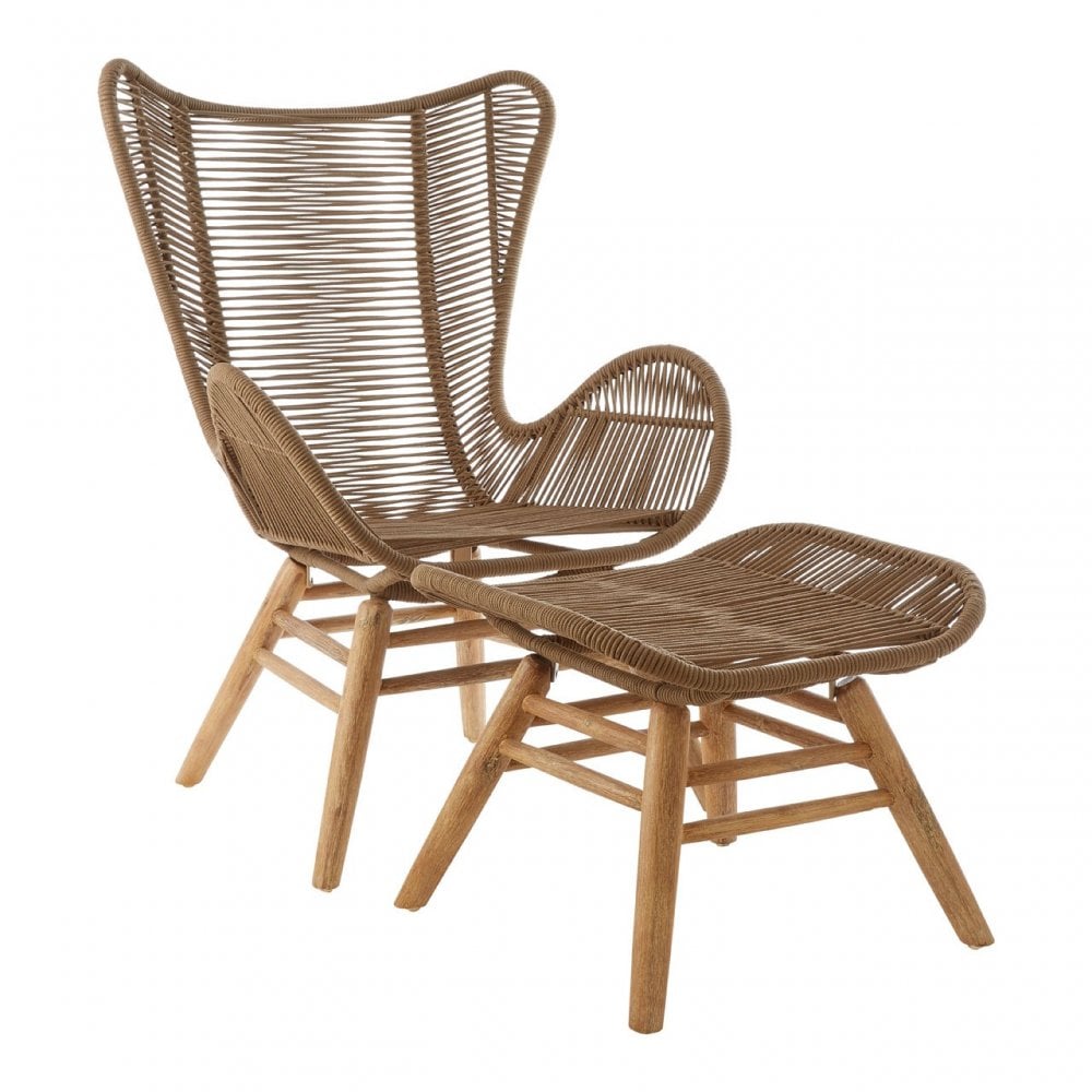 Sisal Latte Rope Lounge Chair & Footstool, Cotton Rope, Steel, Wood, Brown