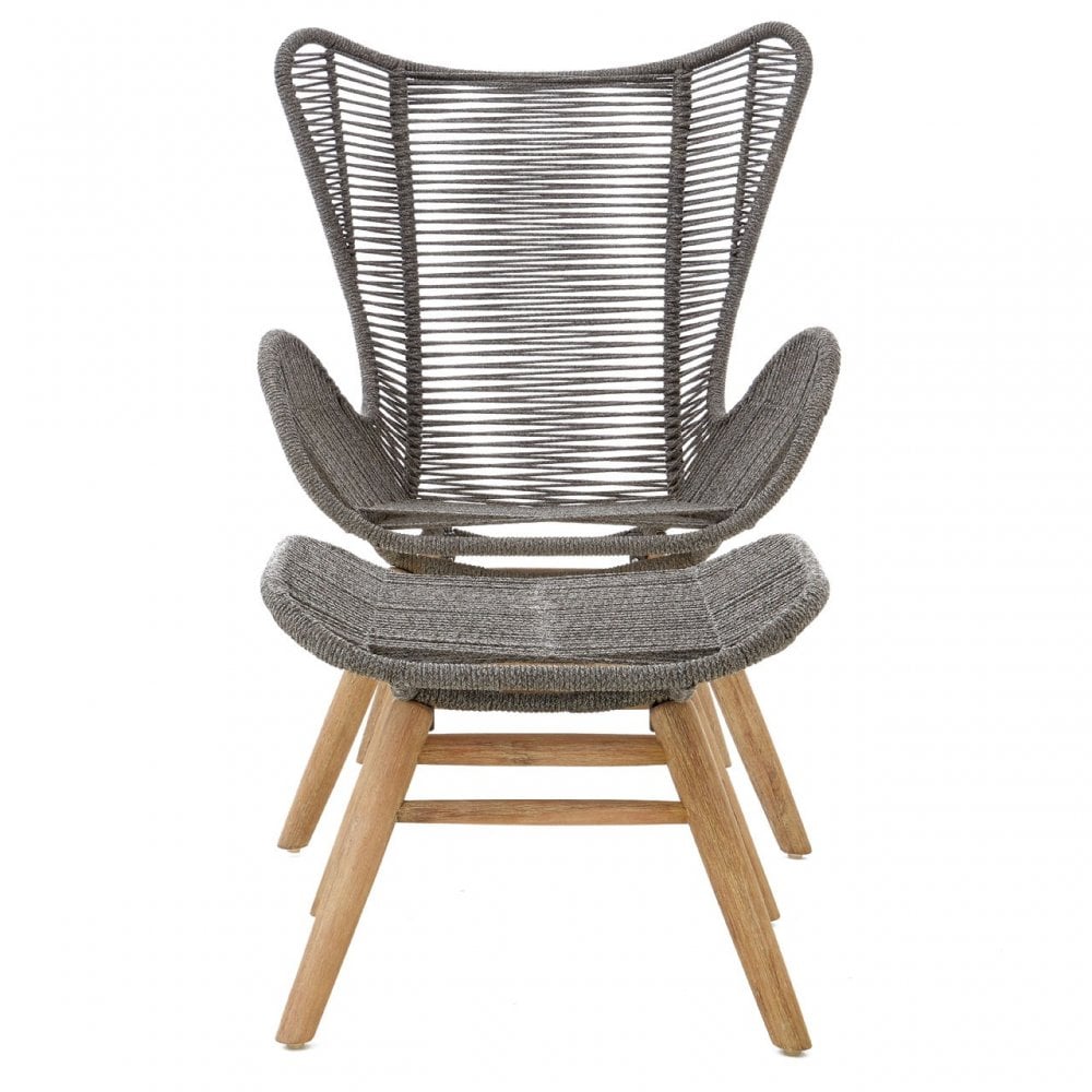 Sisal Grey Rope Lounge Chair & Footstool, Cotton Rope, Steel, Wool, Grey