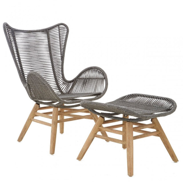 Sisal Grey Rope Lounge Chair & Footstool, Cotton Rope, Steel, Wool, Grey