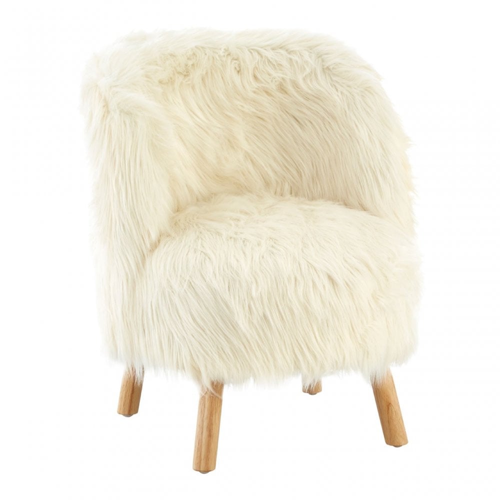 Kids White Shaggy Faux Fur and Wood Chair