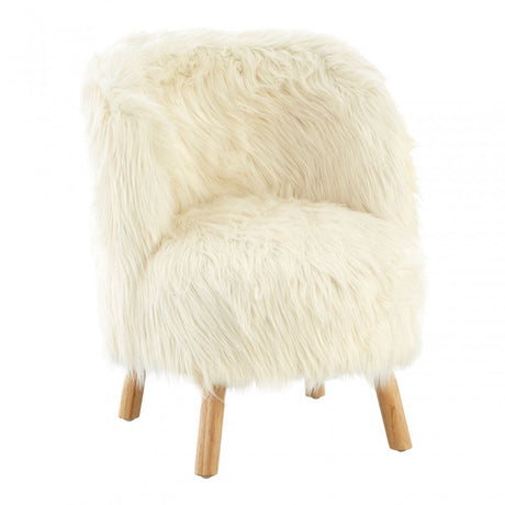Kids White Shaggy Faux Fur and Wood Chair