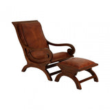 Toby Chair with Footstool, Leather, Teak, Brown