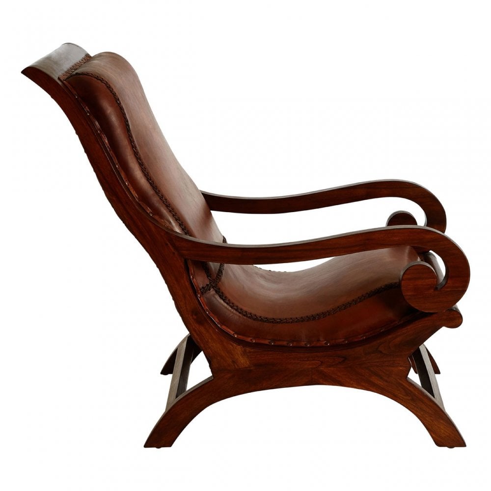 Toby Chair with Footstool, Leather, Teak, Brown