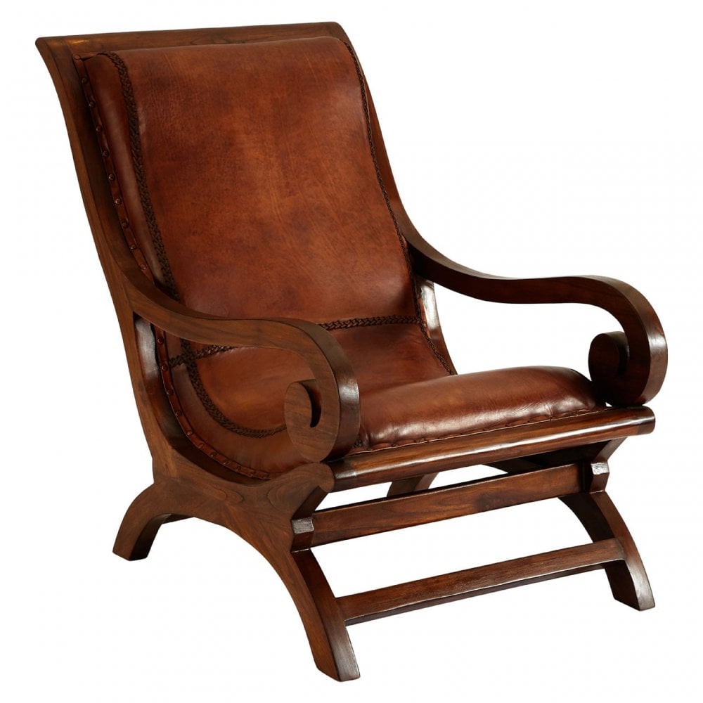 Toby Chair with Footstool, Leather, Teak, Brown