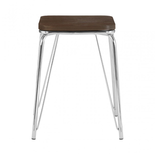 District Chrome Metal / Elm Small Wood Stool, Chromed Elm Wood, Silver
