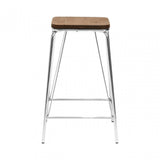 Brock Chrome Metal and Elm Wood Stool, Chromed Elm Wood, Silver