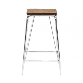 Brock Chrome Metal and Elm Wood Stool, Chromed Elm Wood, Silver