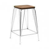 Brock Chrome Metal and Elm Wood Stool, Chromed Elm Wood, Silver