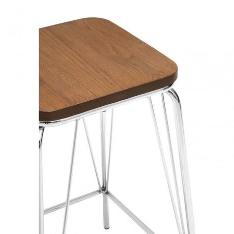 Brock Chrome Metal and Elm Wood Stool, Chromed Elm Wood, Silver