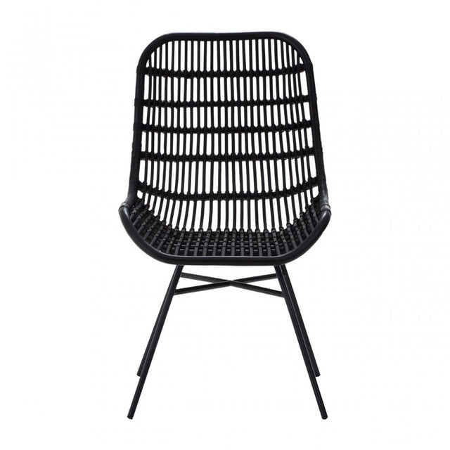 Lagom Curved Black Chair with Iron Legs, Iron, Rattan, Black