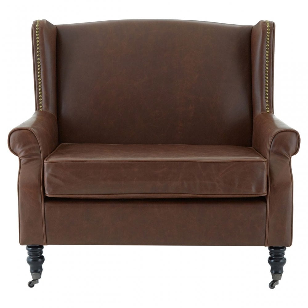Fulham Double Wing Chair, Birchwood, Leather Effect, Brown
