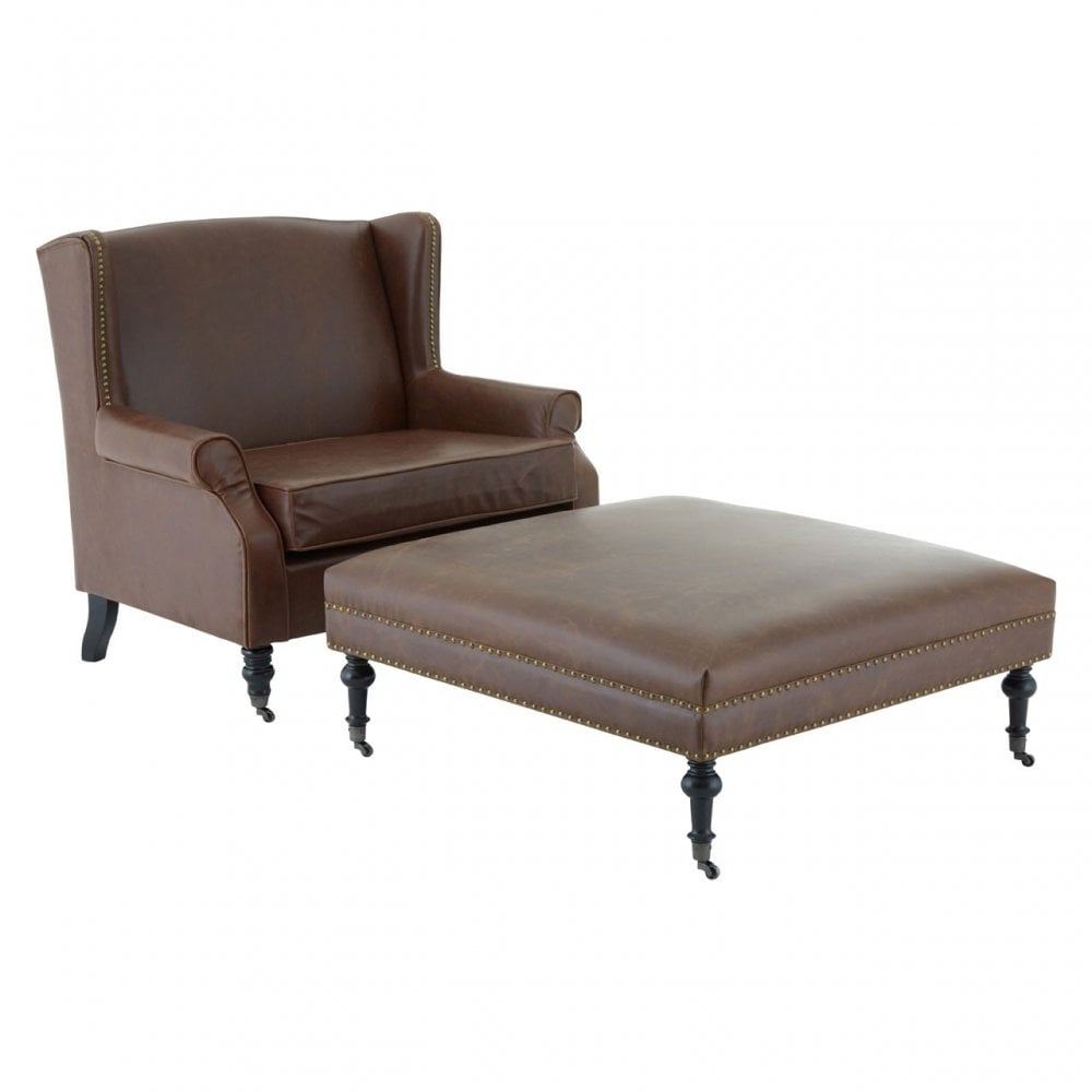 Fulham Double Wing Chair, Birchwood, Leather Effect, Brown