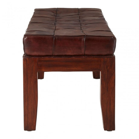 Toby Antique Brown Leather Stitch Bench, Leather, Teak, Brown