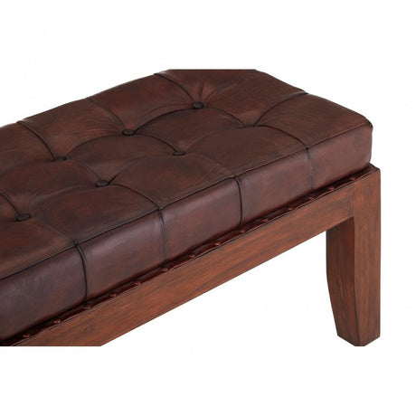 Toby Antique Brown Leather Stitch Bench, Leather, Teak, Brown