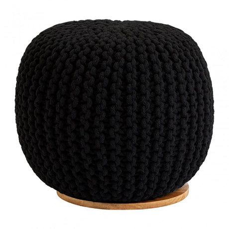 Fusion Black Woven Pouffe, Cotton, Mango Wood, Natural
