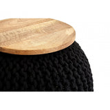 Fusion Black Woven Pouffe, Cotton, Mango Wood, Natural