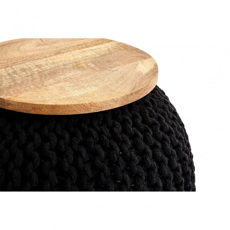 Fusion Black Woven Pouffe, Cotton, Mango Wood, Natural