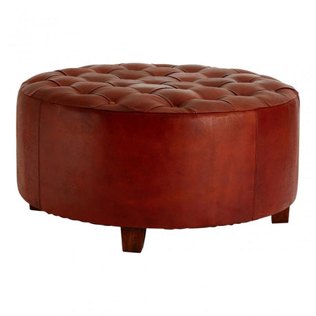Toby Round Buttoned Stool, Leather, Teak, Brown