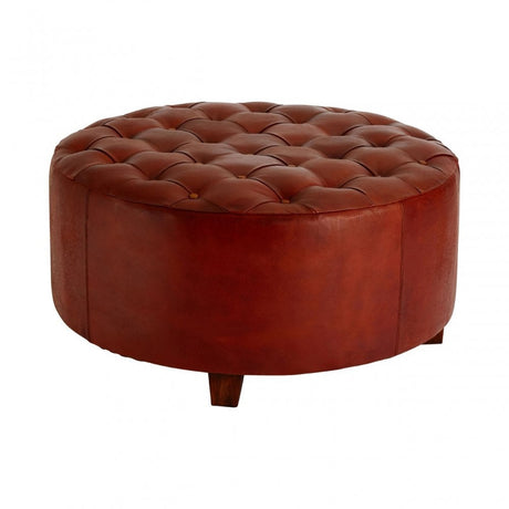 Toby Round Buttoned Stool, Leather, Teak, Brown
