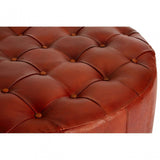 Toby Round Buttoned Stool, Leather, Teak, Brown