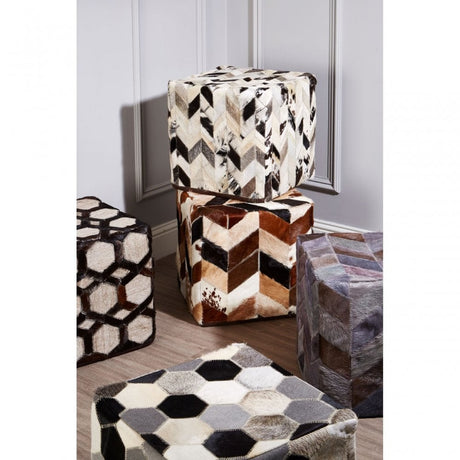 Safira Light Grey Patchwork Pouffe, Leather, Thermocol Beens, Multi-Coloured