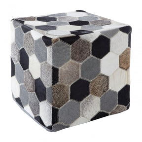 Safira Black / White / Grey Patchwork Pouffe, Leather, Thermocol Beens, Multi-Coloured