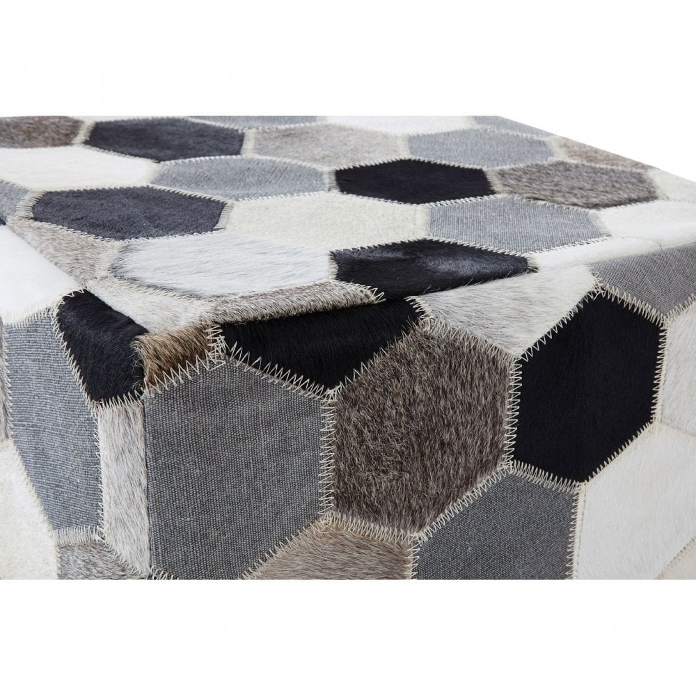 Safira Black / White / Grey Patchwork Pouffe, Leather, Thermocol Beens, Multi-Coloured