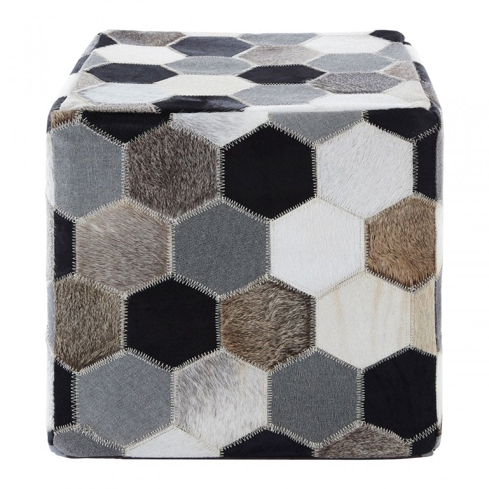 Safira Black / White / Grey Patchwork Pouffe, Leather, Thermocol Beens, Multi-Coloured
