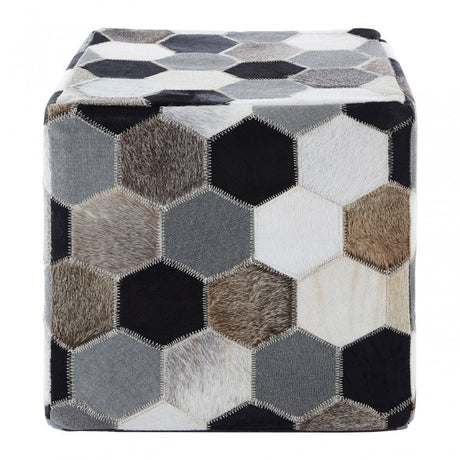Safira Black / White / Grey Patchwork Pouffe, Leather, Thermocol Beens, Multi-Coloured
