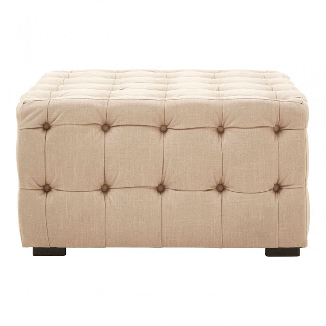 Stella Beige Linen Button Tufted Footstool, Foam, Plywood, Wood, Beige