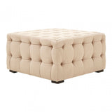 Stella Beige Linen Button Tufted Footstool, Foam, Plywood, Wood, Beige