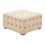 Stella Beige Linen Button Tufted Footstool, Foam, Plywood, Wood, Beige