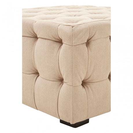 Stella Beige Linen Button Tufted Footstool, Foam, Plywood, Wood, Beige