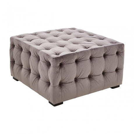 Stella Grey Velvet Button Tufted Footstool, Foam, Plywood, Wood, Grey